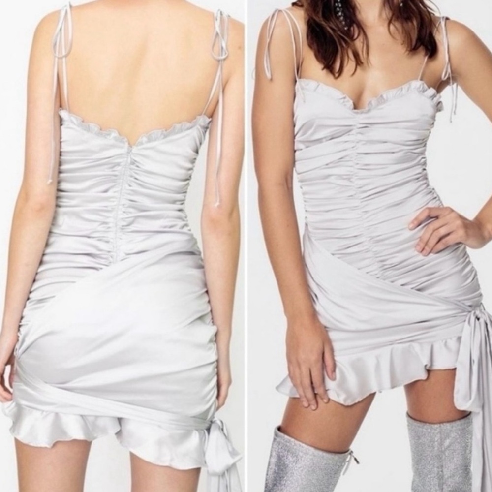 NWOT For Love And Lemons Silver Ruched Mini Dress with Bow
